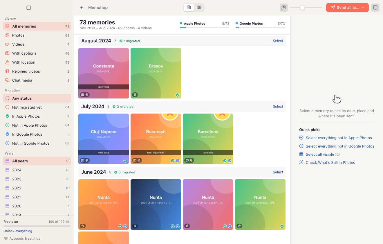 Memohop timeline with Snapchat Memories grouped by month